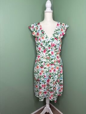 Kensie White Floral Midi Dress with Pink & Green Print